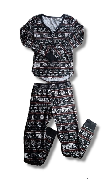 VS PINK White Black Green Red Snowflake Waffle Knit Thermal Pajama Set - Picture 1 of 7